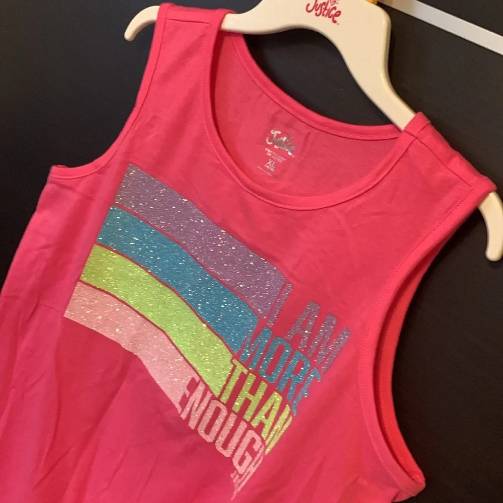 Justice Girls Pink “I Am More Than Enough” Glitter Graphic Tank Top - NWOT